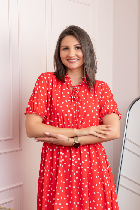 Rochie retro Krista cu buline albe si maneci bufante - Rosu [2]