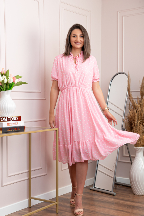 Rochie retro Krista cu buline albe si maneci bufante - Roz [4]