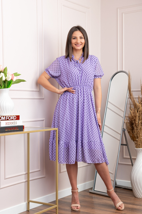 Rochie retro lila Leslie cu buline negre si maneci bufante [4]