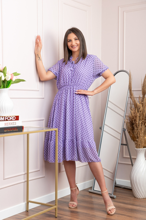 Rochie retro lila Leslie cu buline negre si maneci bufante [3]