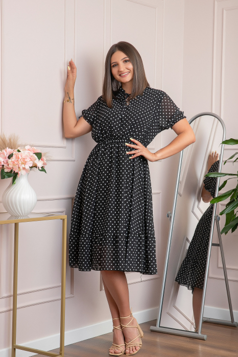 Rochie retro neagra Brenda cu buline si maneci bufante