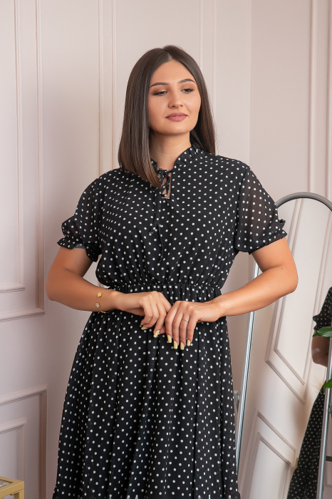 Rochie retro neagra Brenda cu buline si maneci bufante [2]