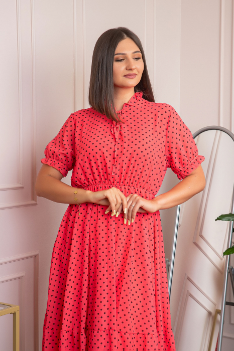 Rochie retro rosie Brenda cu buline si maneci bufante [2]