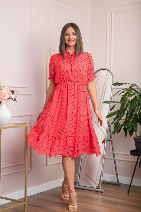 Rochie retro rosie Brenda cu buline si maneci bufante [3]