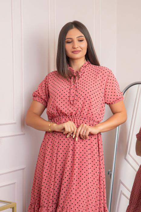 Rochie retro roz Brenda cu buline si maneci bufante [2]