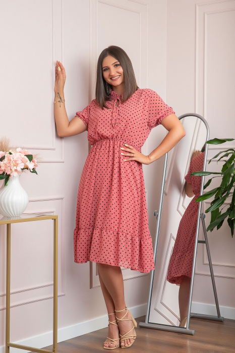 Rochie retro roz Brenda cu buline si maneci bufante