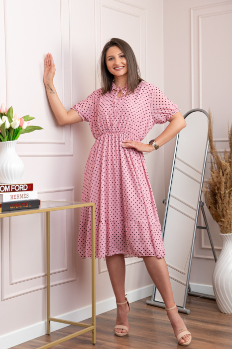 Rochie retro roz pudrat Leslie cu buline negre si maneci bufante [3]