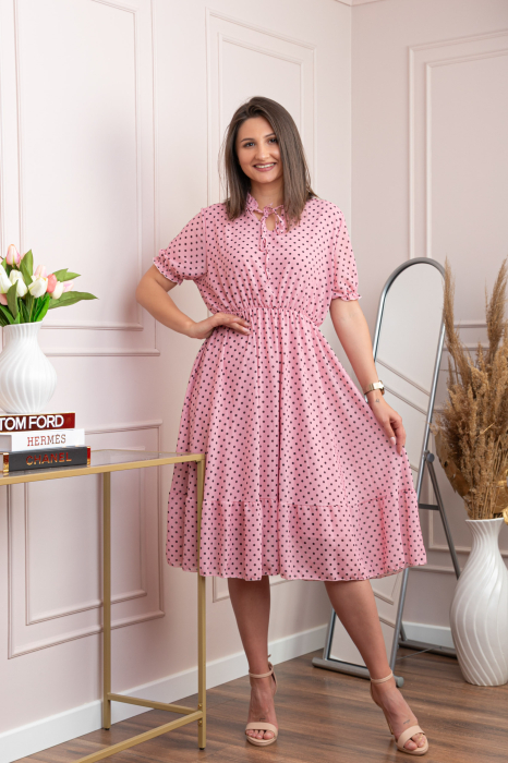 Rochie retro roz pudrat Leslie cu buline negre si maneci bufante [4]