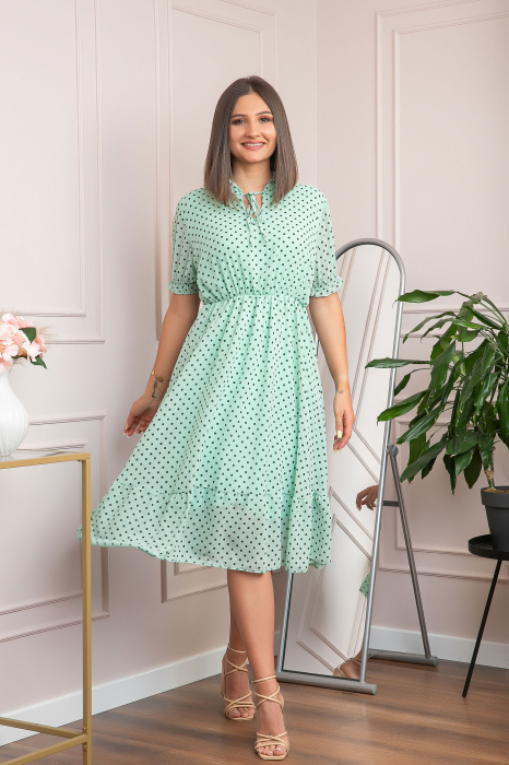 Rochie retro turcoaz Brenda cu buline si maneci bufante [3]