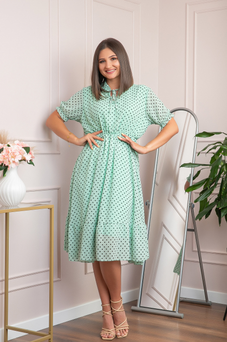 Rochie retro turcoaz Brenda cu buline si maneci bufante [4]