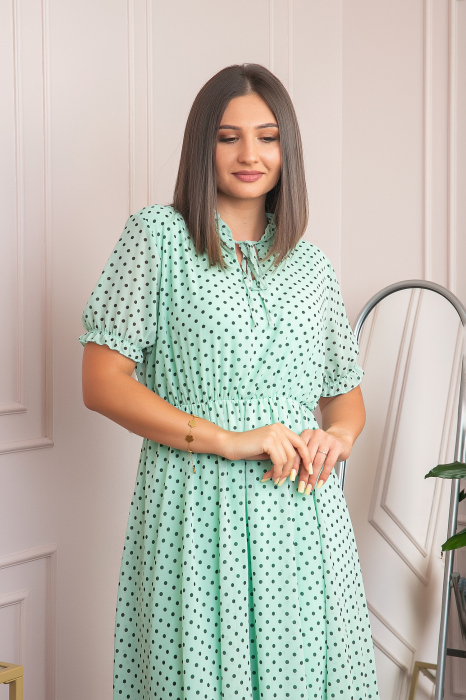 Rochie retro turcoaz Brenda cu buline si maneci bufante [2]