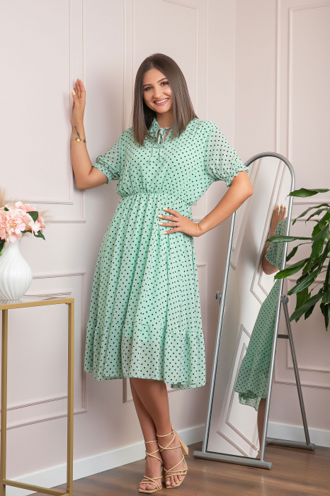Rochie retro turcoaz Brenda cu buline si maneci bufante