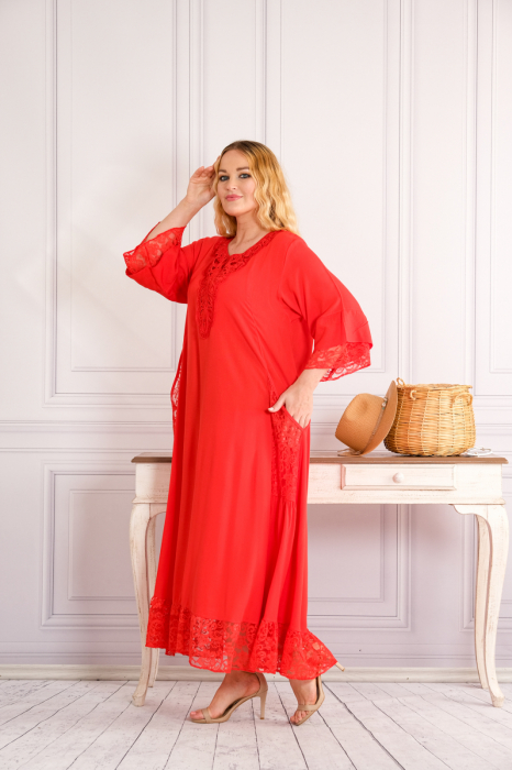 Rochie rosie boho chic cu buzunare din dantela [2]