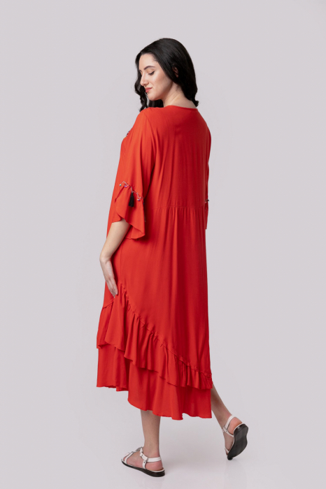 Rochie rosie boho chic cu romburi si ciucuri [4]