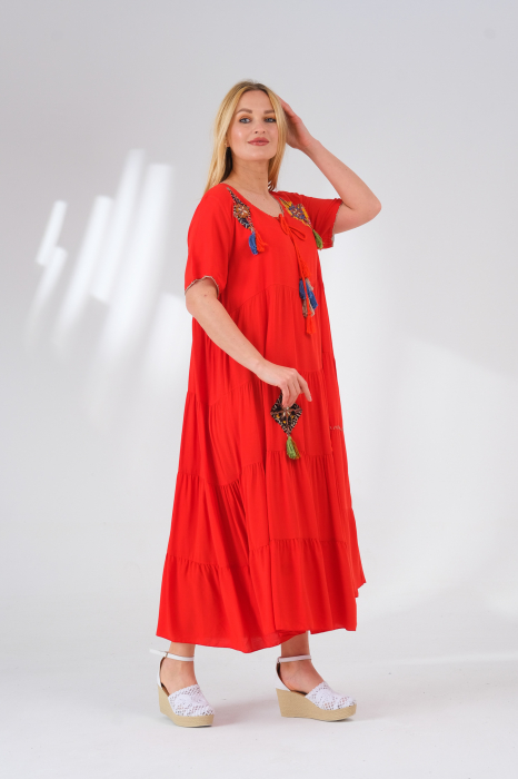 Rochie rosie boho chic cu snur si ciucuri [2]