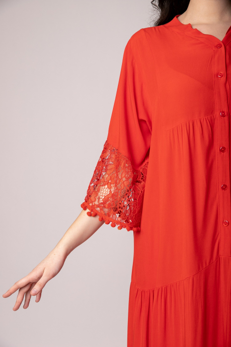 Rochie rosie lunga boho chic cu volane si dantela [2]