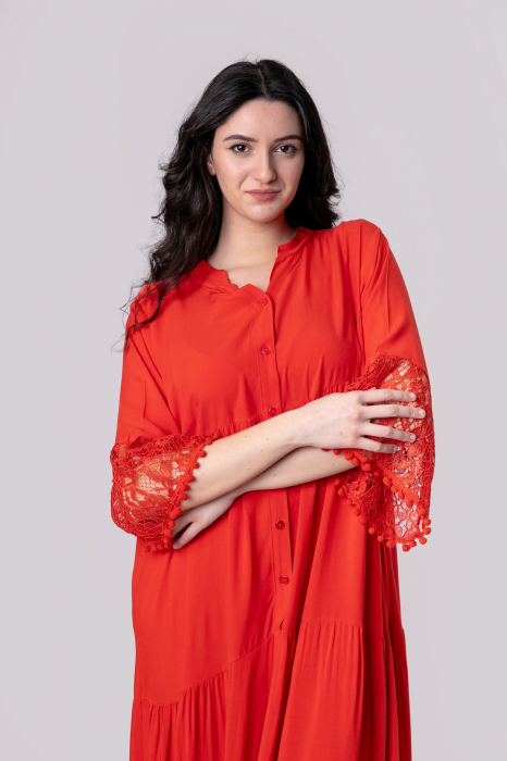 Rochie rosie lunga boho chic cu volane si dantela [3]