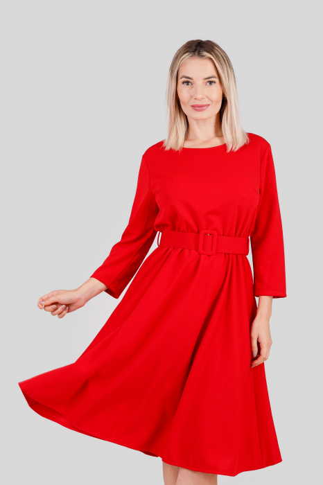 Rochie rosie cu maneci trei sferturi si centura in talie [2]