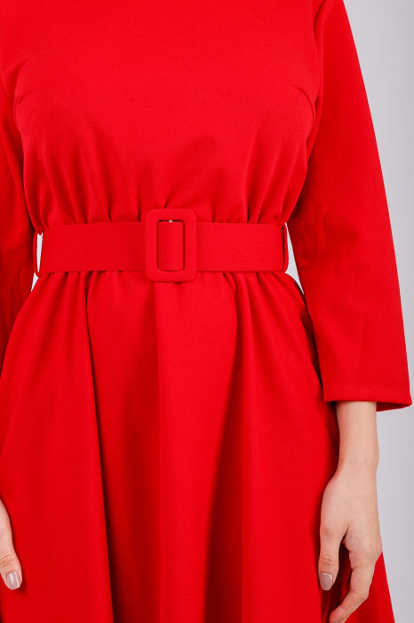 Rochie rosie cu maneci trei sferturi si centura in talie [3]