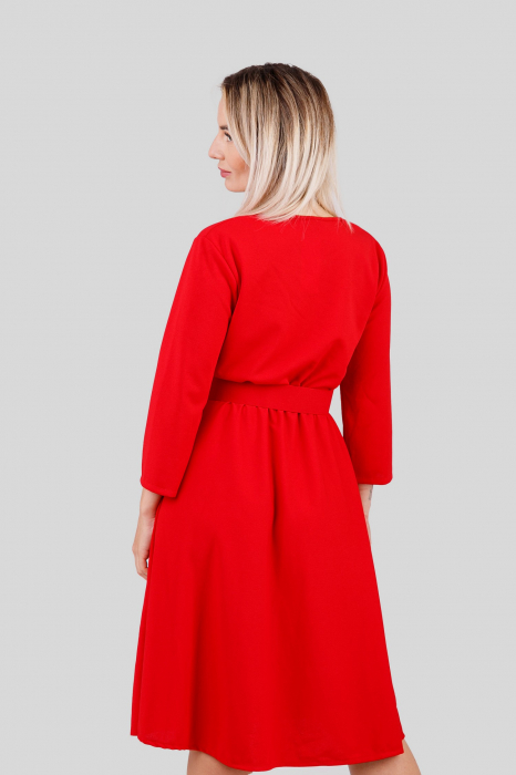 Rochie rosie cu maneci trei sferturi si centura in talie [4]