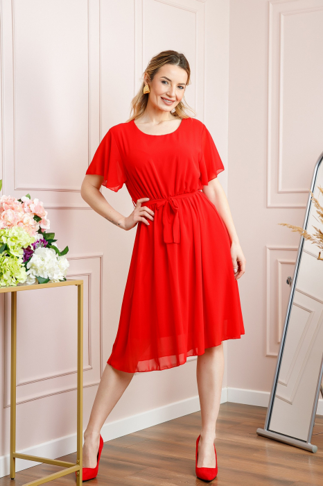 Rochie rosie din voal cu cordon in talie [4]