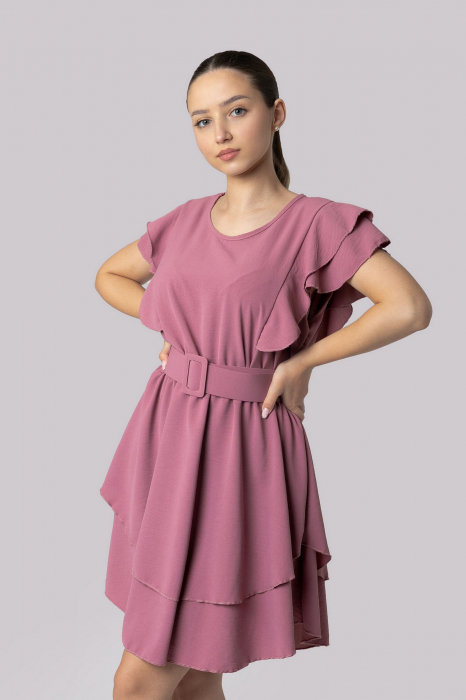 Rochie roz cu volane si centura in talie [4]