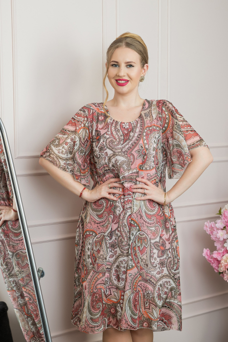Rochie roz piersica din voal cu imprimeu Paisley si maneci fluture [3]