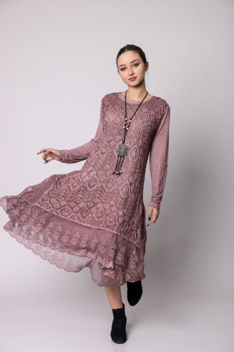 Rochie roz pudrat boho chic cu volane [3]