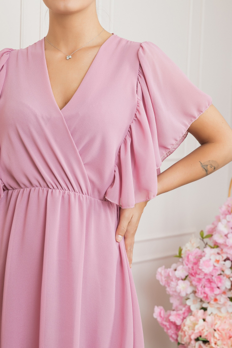 Rochie roz pudrat cu volane si maneci fluture [2]