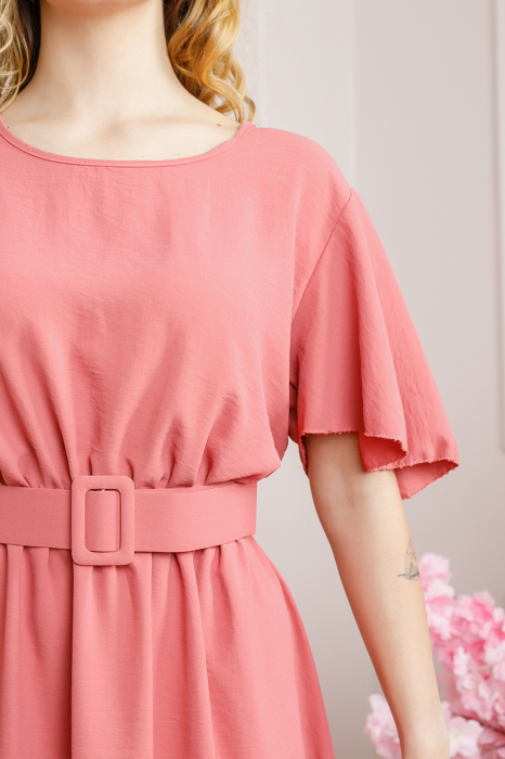Rochie roz somon cu maneci scurte si centura in talie [2]