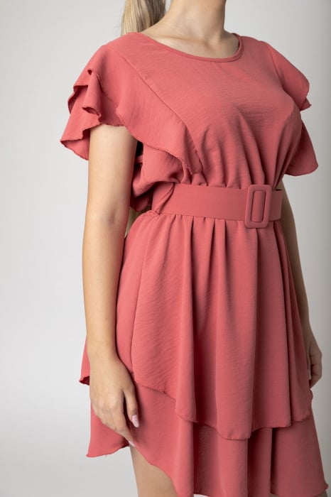 Rochie roz somon cu volane si centura in talie [2]
