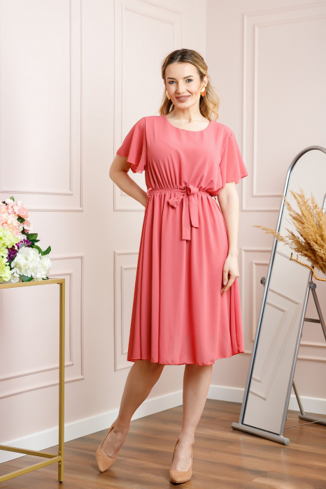 Rochie roz somon din voal cu cordon in talie [4]
