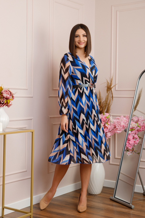 Rochie Samantha albastra din voal cu maneci lungi si curea ajustabila [3]