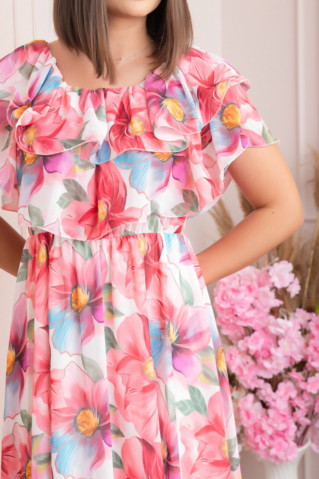 Rochie Sarah eleganta din voal cu volane si imprimeuri florale - Corai [3]