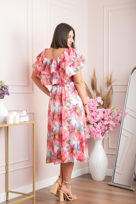 Rochie Sarah eleganta din voal cu volane si imprimeuri florale - Corai [4]