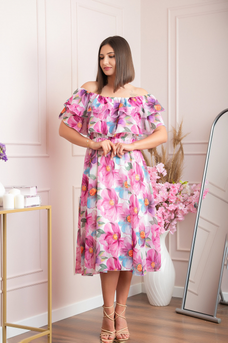 Rochie Sarah eleganta din voal cu volane si imprimeuri florale - Fuchsia [2]