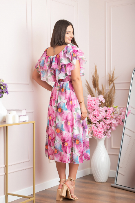 Rochie Sarah eleganta din voal cu volane si imprimeuri florale - Fuchsia [4]