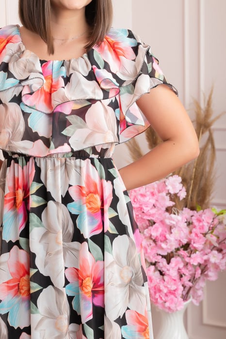 Rochie Sarah eleganta din voal cu volane si imprimeuri florale - Negru [3]