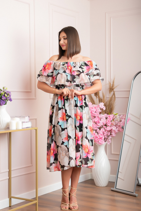 Rochie Sarah eleganta din voal cu volane si imprimeuri florale - Negru [2]