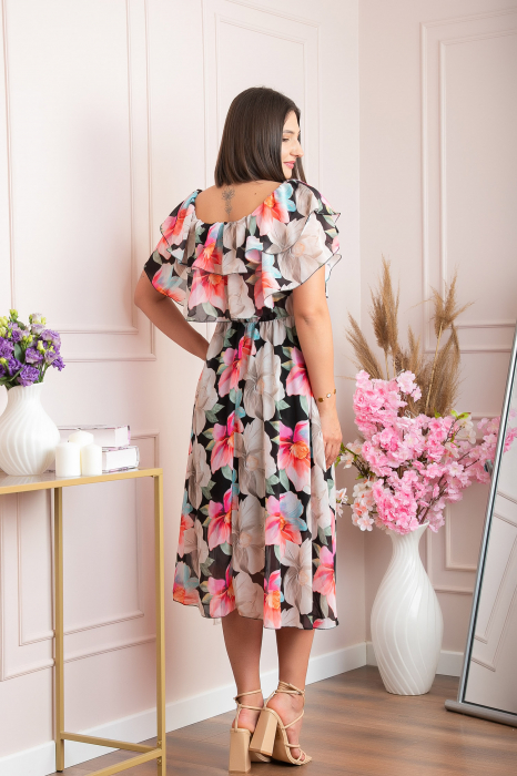 Rochie Sarah eleganta din voal cu volane si imprimeuri florale - Negru [4]