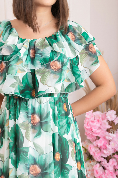Rochie Sarah eleganta din voal cu volane si imprimeuri florale - Verde [3]
