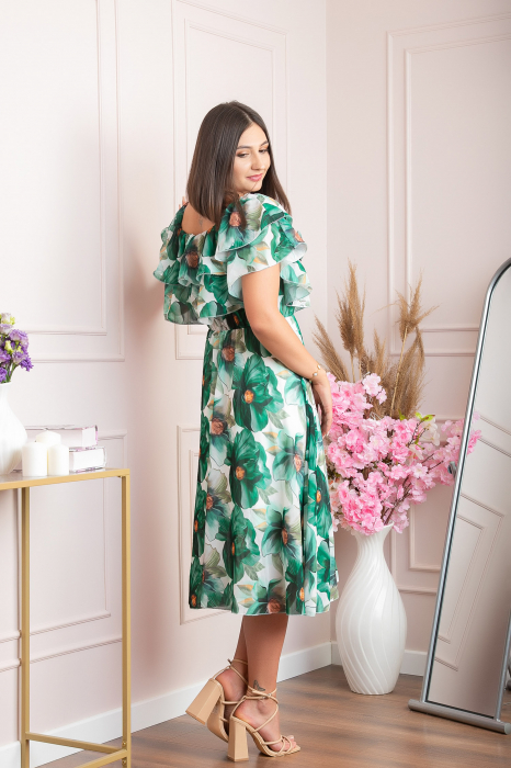 Rochie Sarah eleganta din voal cu volane si imprimeuri florale - Verde [4]