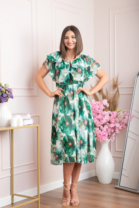 Rochie Sarah eleganta din voal cu volane si imprimeuri florale - Verde