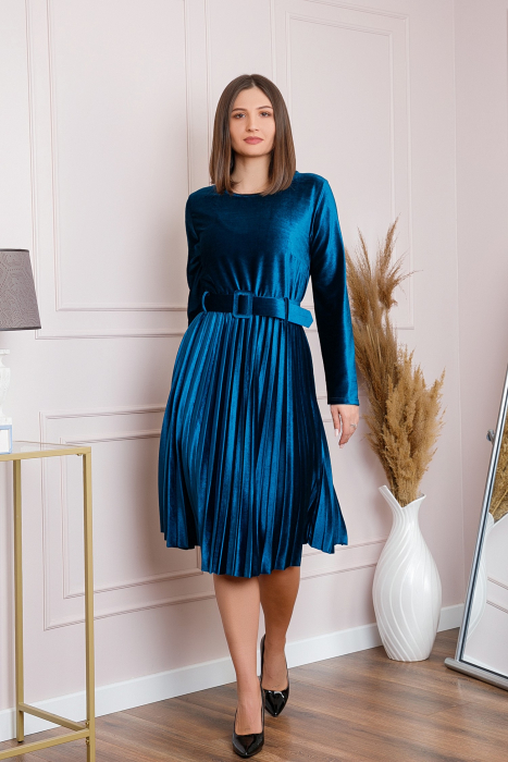 Rochie Selena eleganta din catifea turcoaz cu centura in talie [4]