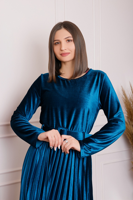Rochie Selena eleganta din catifea turcoaz cu centura in talie [3]