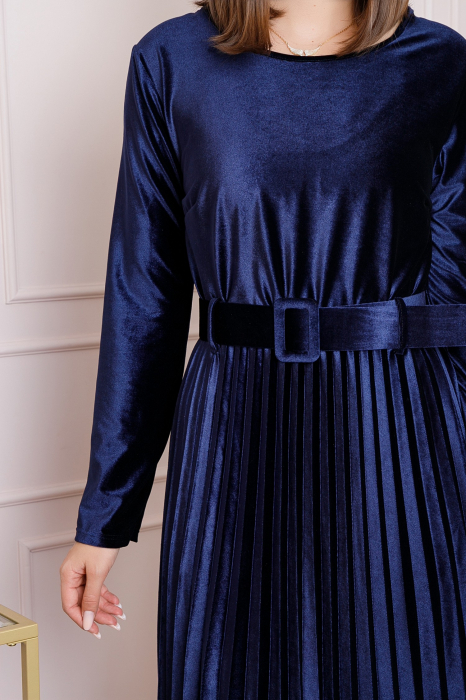 Rochie Selena eleganta din catifea bleumarin cu centura in talie [2]