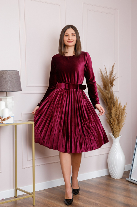 Rochie Selena eleganta din catifea grena cu centura in talie [4]