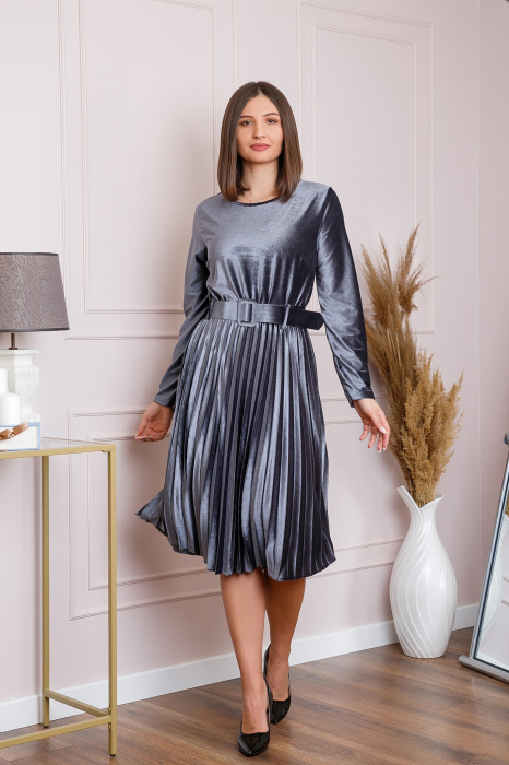 Rochie Selena eleganta din catifea gri cu centura in talie [4]