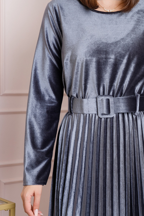 Rochie Selena eleganta din catifea gri cu centura in talie [2]