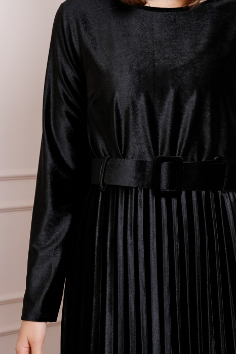 Rochie Selena eleganta din catifea neagra cu centura in talie [2]